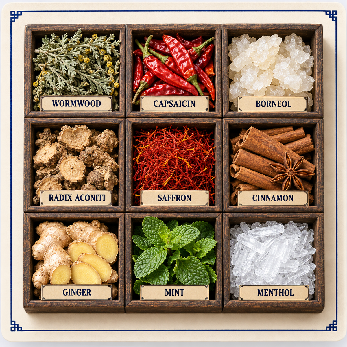 Nine traditional Japanese herbs arranged in labeled wooden trays
