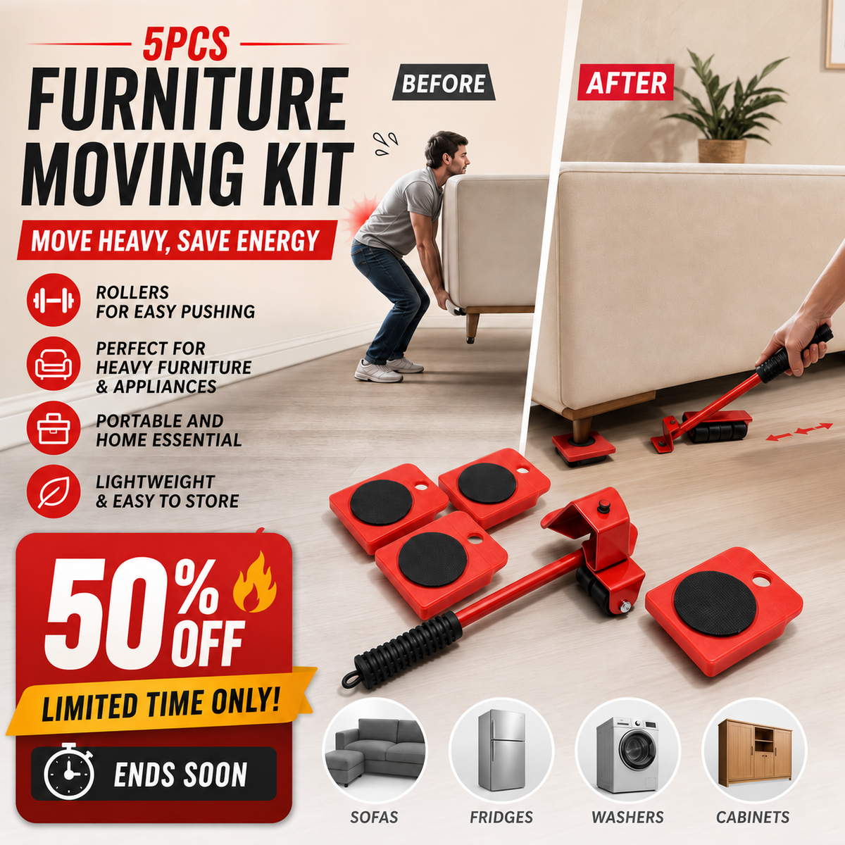 2026 New Arrivals💥Furniture Moving System – lift & slide up to 800 lbs, 360° rotation. 🛡️💪