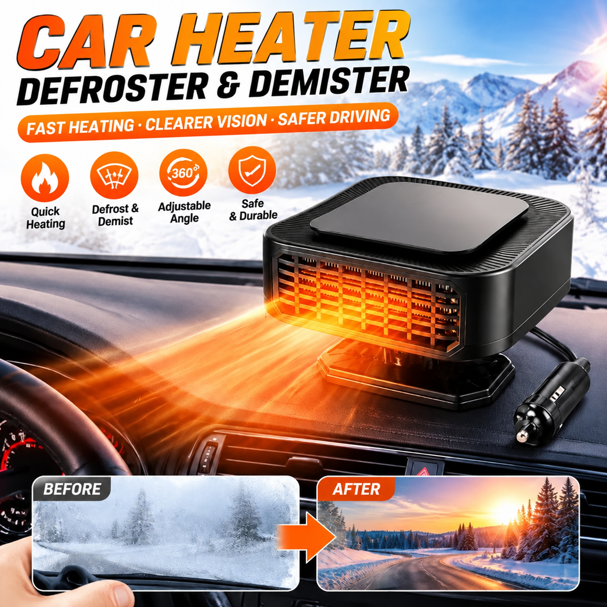 ⏳✨Portable Car Heater Defroster with 360-Degree Rotating Base