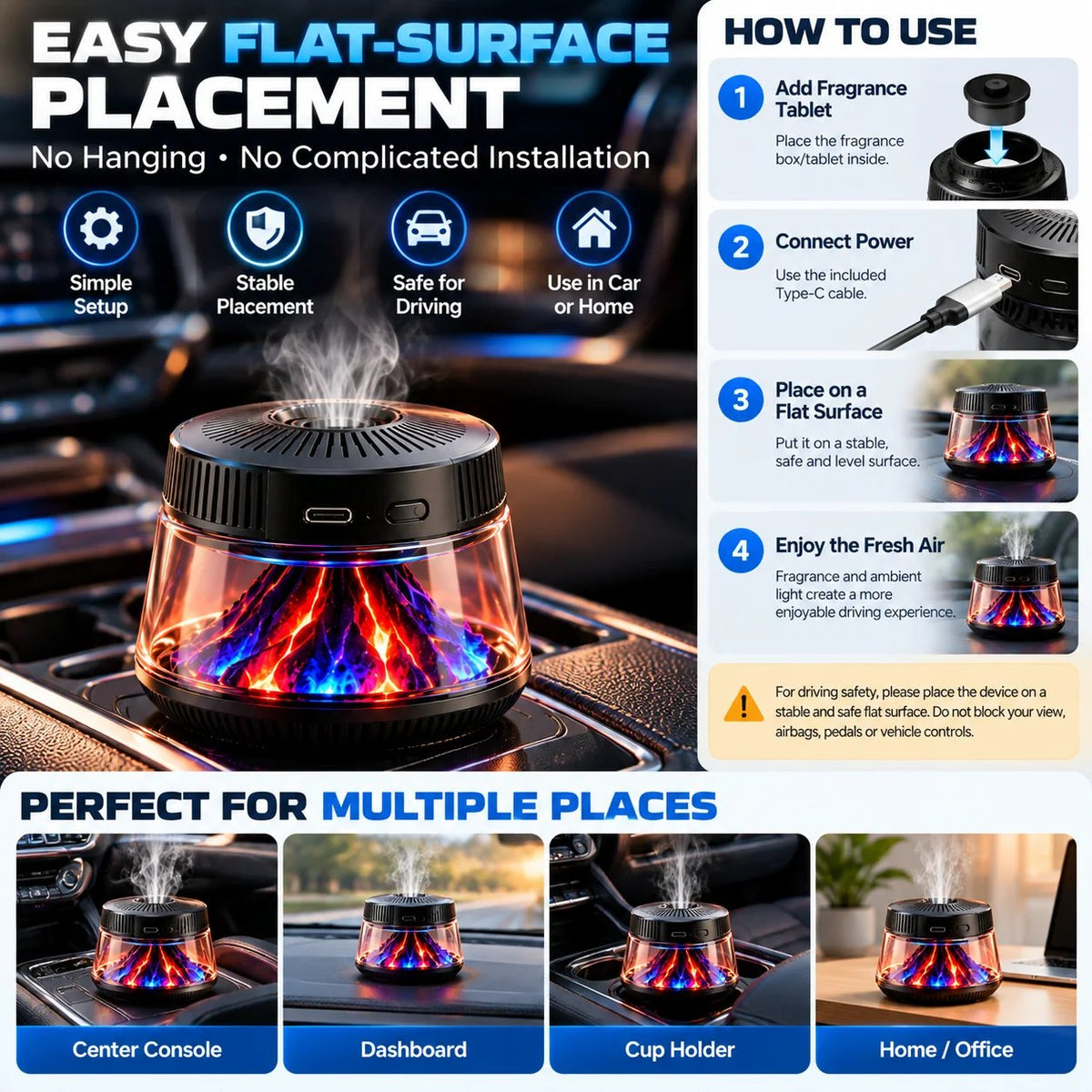 🎉🌋 Volcano Flame Car Air Freshener – 6-Color Ambient Light, Adjustable Fragrance & Smart Auto Start/Stop