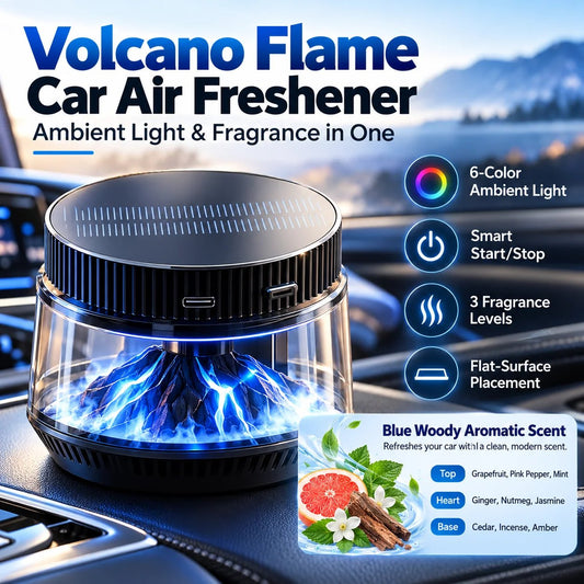 🎉🌋 Volcano Flame Car Air Freshener – 6-Color Ambient Light, Adjustable Fragrance & Smart Auto Start/Stop