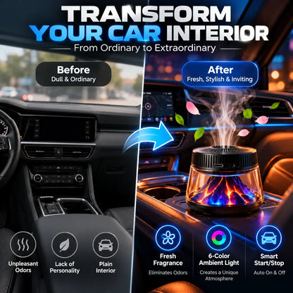 🎉🌋 Volcano Flame Car Air Freshener – 6-Color Ambient Light, Adjustable Fragrance & Smart Auto Start/Stop