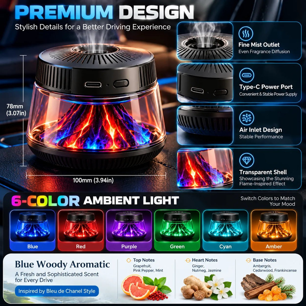 🎉🌋 Volcano Flame Car Air Freshener – 6-Color Ambient Light, Adjustable Fragrance & Smart Auto Start/Stop