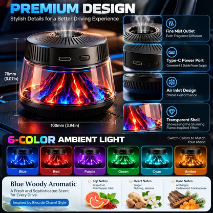 🎉🌋 Volcano Flame Car Air Freshener – 6-Color Ambient Light, Adjustable Fragrance & Smart Auto Start/Stop