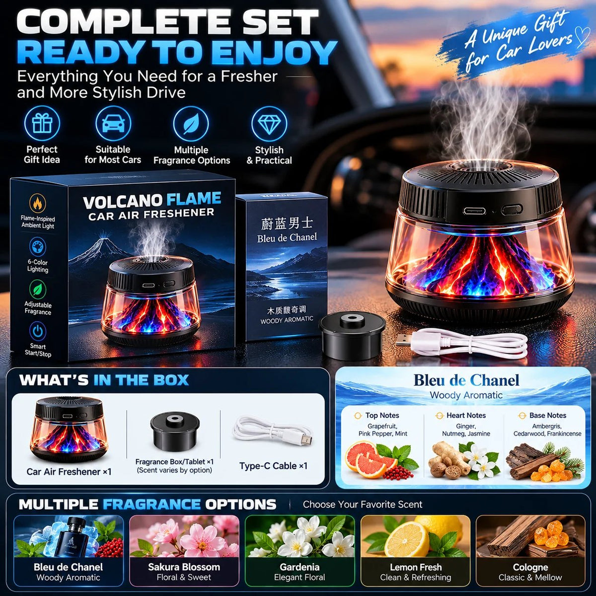 🎉🌋 Volcano Flame Car Air Freshener – 6-Color Ambient Light, Adjustable Fragrance & Smart Auto Start/Stop